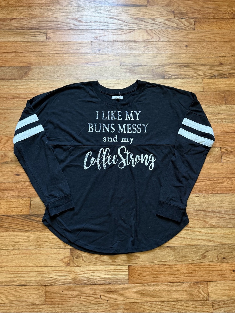 Maurices Women’s Black Long-Sleeve Graphic Tee with White Sleeve Stripes